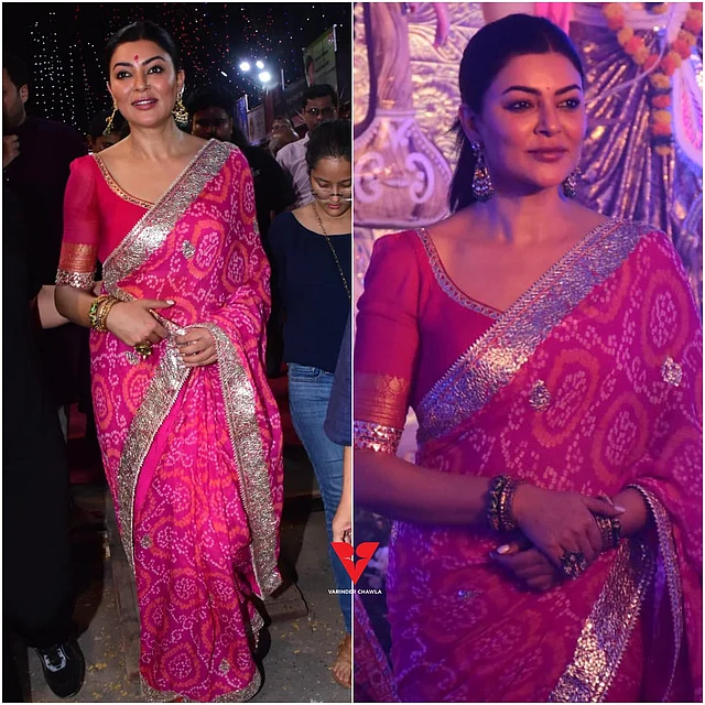 অভিনেত্রী সুস্মিতা সেন বাঙালি। সে হিসেবে দুর্গাপূজা তাঁর জন্য বিশেষ উৎসব বটে। মুম্বাইয়ের নর্থ সর্বজনীন দুর্গাপূজার প্যান্ডেলে তিনি এসেছেন খুব সুন্দর গোলাপি রঙের বান্ধানি শাড়ি পরে। শাড়ির পাড়ে বসানো জমকালো বর্ডার উৎসবের আমেজ দিয়েছে অভিনেত্রীর লুকে। এর সঙ্গে গ্লাস হাতার গোলাপি ব্লাউজ বেছে নিয়েছেন তিনি। সেজেছেন বেশ স্নিগ্ধভাবে। চোখে কাজল আর ঠোঁটে দিয়েছেন গ্লসি পিঙ্ক লিপস্টিক। গলা খালি রেখে শুধু কানে পরেছেন ঝোলানো দুল আর হাতে একগুচ্ছ চুড়ি। আরামের সুবিধার্থে তিনি উঁচু করে পনিটেল করেছেন শেষে।
