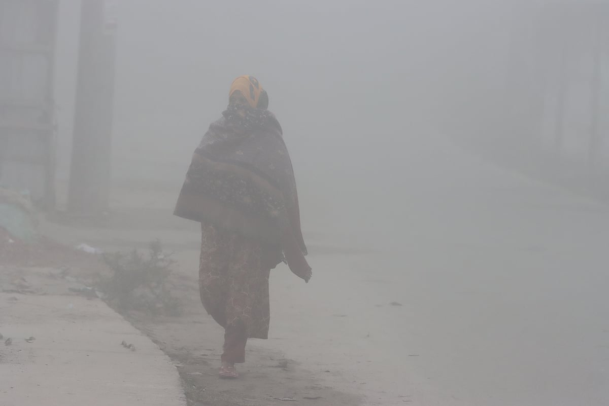 ঘন কুয়াশায় গায়ে চাদর জড়িয়ে কাজে বের হয়েছেন এক নারী