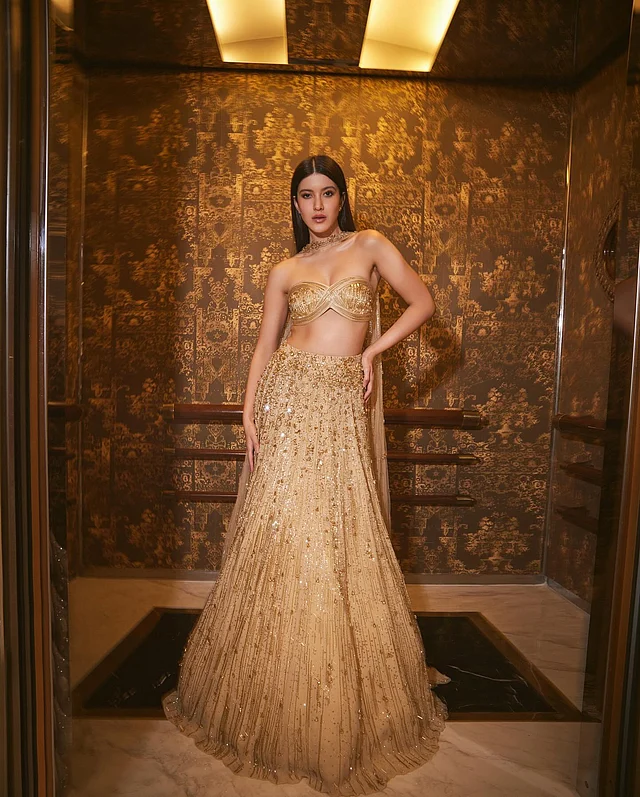 স্ট্র্যাপলেস বোল্ড টপ আর সিকুইনের স্কার্ট মিলে শানায়ার এই লুকটি অত্যন্ত আকর্ষণীয়