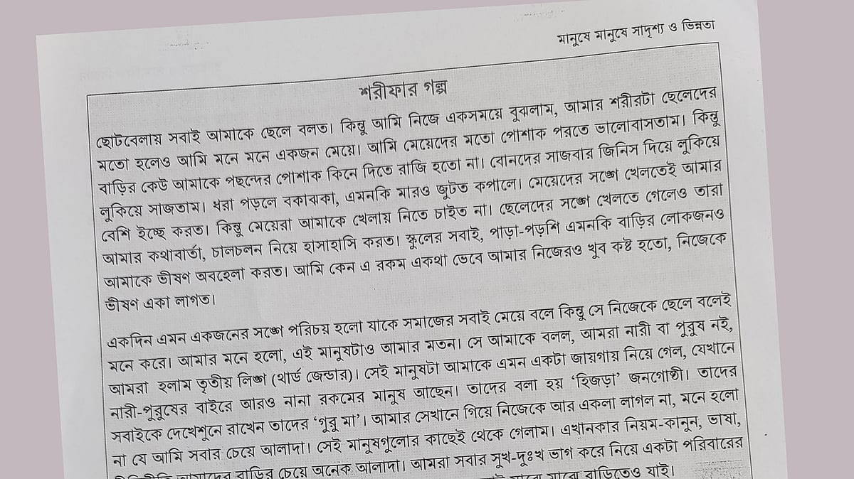 নতুন শিক্ষাক্রমের আলোকে প্রণীত সপ্তম শ্রেণির ইতিহাস ও সামাজিক বিজ্ঞান বইয়ের ‘মানুষে মানুষে সাদৃশ্য ও ভিন্নতা’ বিষয়ক অধ্যায়ের অংশবিশেষের চিত্র