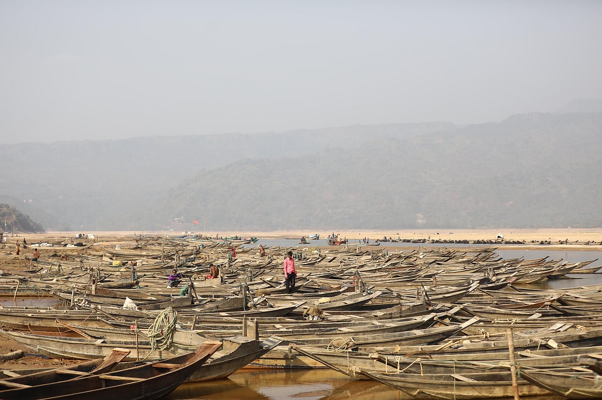 জাদুকাটাতে এখন পানি কম। নদীতে হাজারো বারকি নৌকা।