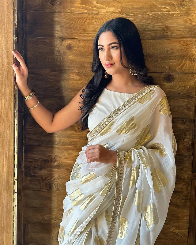 ম্যাচিং বোটনেক স্লিভলেস ব্লাউজ আর সোনালি কাজের সাদা শাড়িতে মোহনীয় সাফা