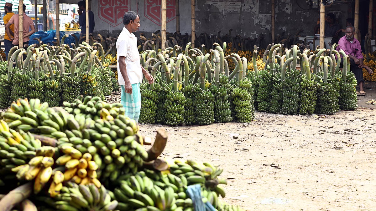 কলা নিয়ে বসে আছেন বিক্রেতা, কলা কিনতে এসেছেন ক্রেতা