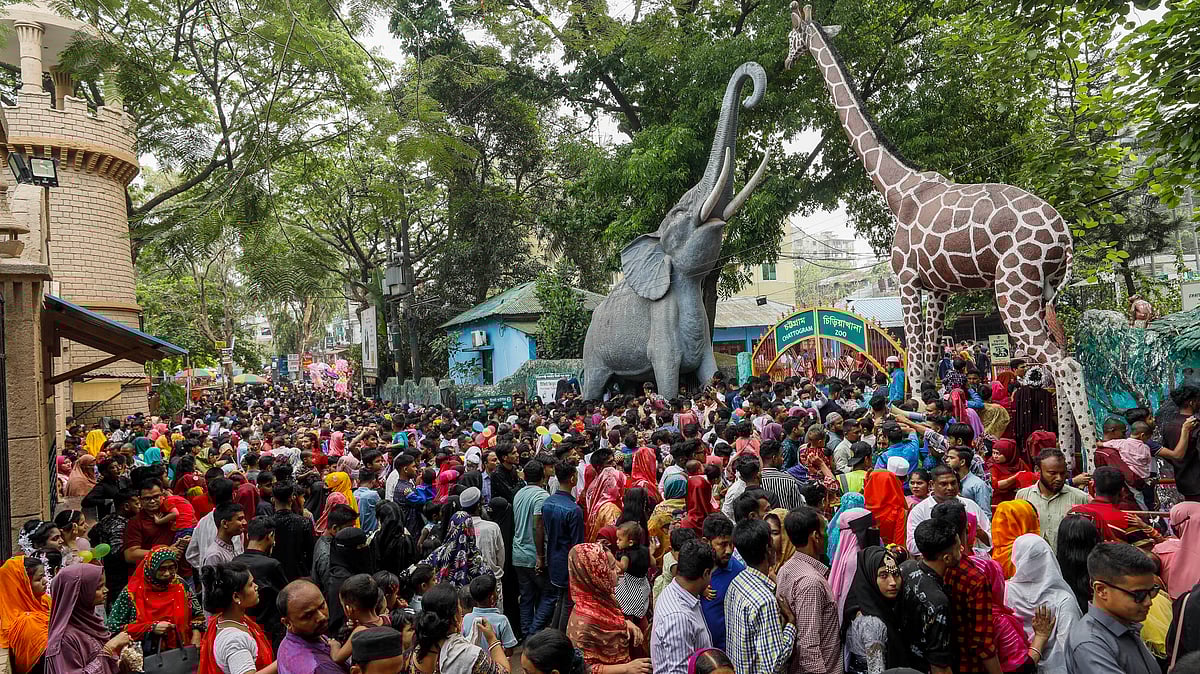 চিড়িয়াখানায় ঢুকতে দীর্ঘ লাইনে দাঁড়িয়ে শত শত মানুষ।