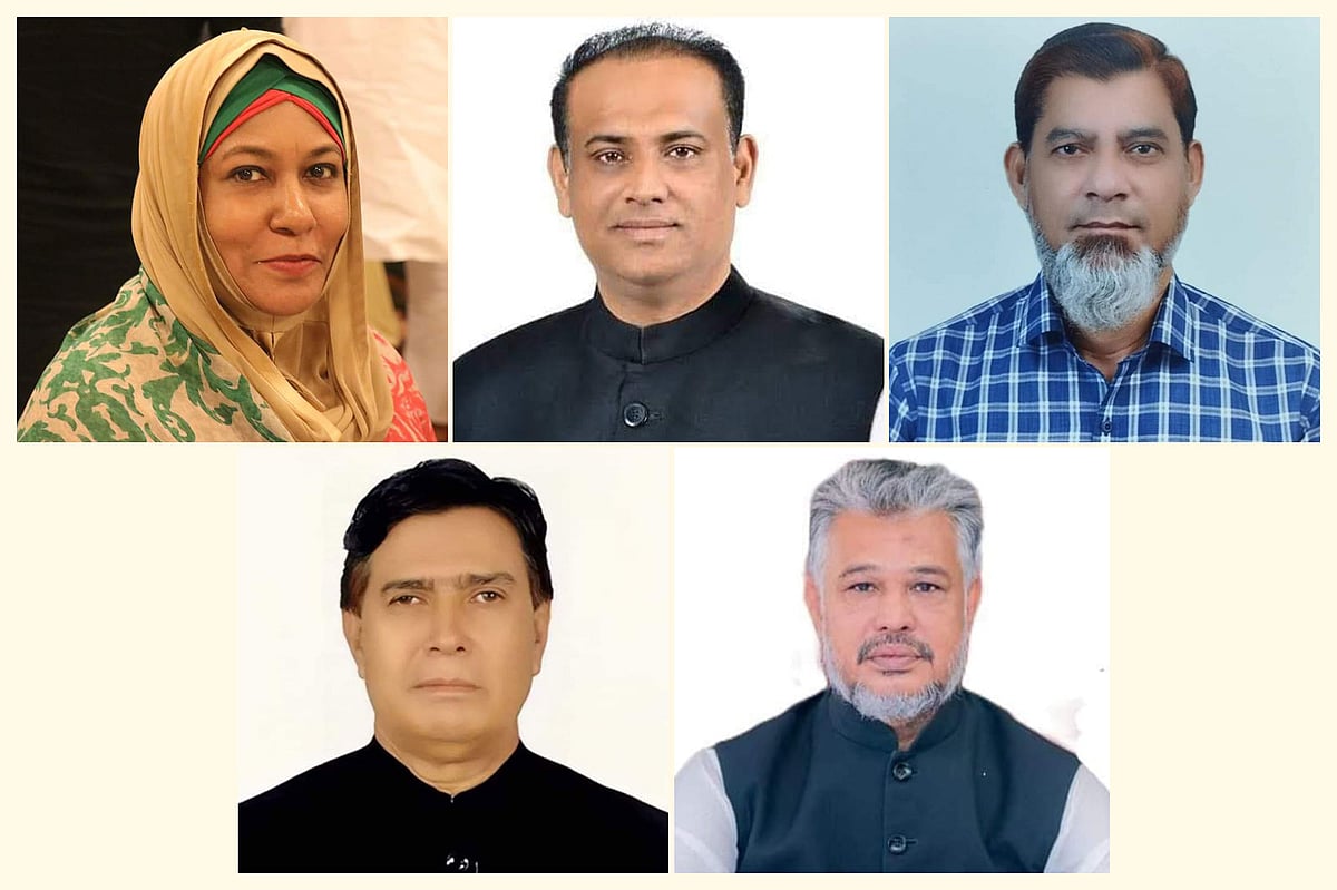উপরে বাঁ থেকে অর্থ প্রতিমন্ত্রী ওয়াসিকা আয়শা খান, সাবেক ভূমিমন্ত্রী সাইফুজ্জামান চৌধুরী ও চেয়ারম্যান প্রার্থী কাজী মোজাম্মেল হক; নিচে বাঁ থেকে চেয়ারম্যান প্রার্থী এম এ মান্নান চৌধুরী ও চেয়ারম্যান প্রার্থী তৌহিদুল হক চৌধুরী