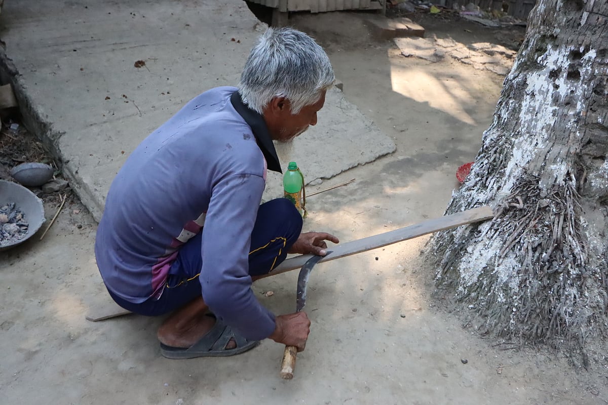 গাছ কাটার সরঞ্জাম ছ্যানা ধার দিচ্ছেন গাছি 