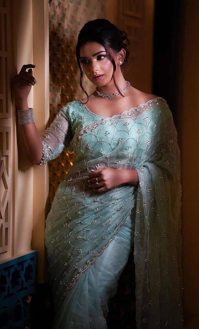 কিছুটা বোটনেক কাটের ব্লাউজে নাতিদীর্ঘ স্লিভস। শাড়ির সঙ্গে মিলিয়ে কাজ করা এতে। 