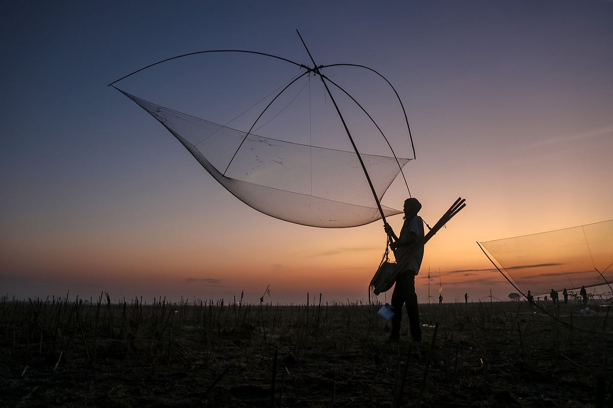 ভোরের আলো ফোটার আগেই বিলের পাড়ে মৎস্যশিকারিরা।