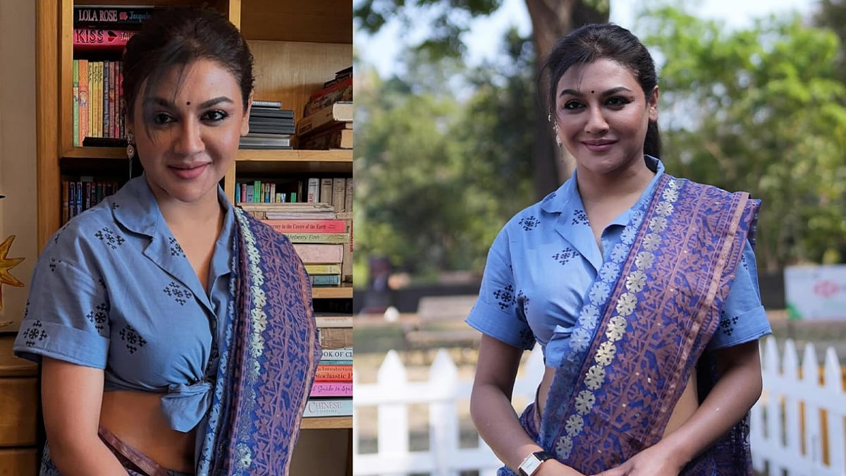 স্টেটমেন্ট ব্লাউজে আকর্ষণীয় শাড়ির সাজে জয়া 