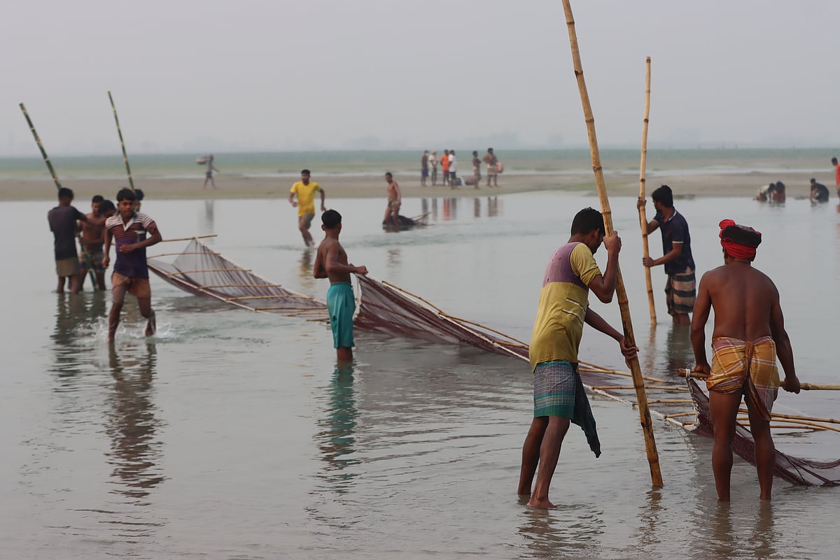 নদীতে আড়াআড়ি জাল ফেলে খুঁটি দিয়ে আটকানো হচ্ছে।