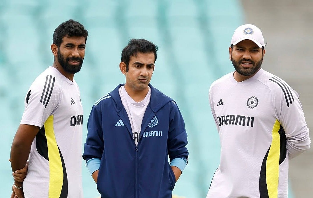India coach Gautam Gambhir with captain Rohit and Bumrah. India fast bowler Bumrah has been ruled out of the Champions Trophy due to injury.