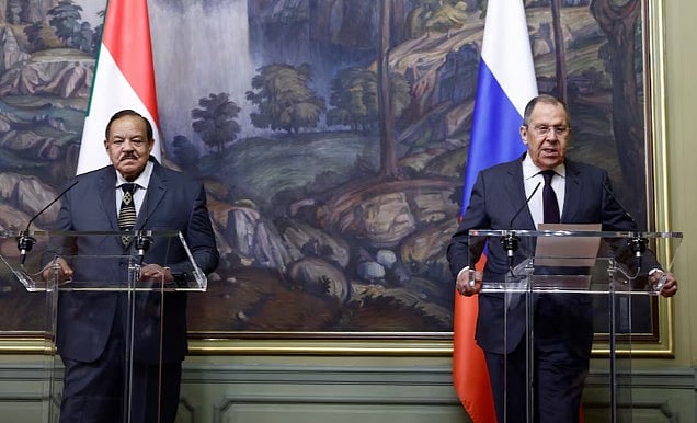 Sudanese Foreign Minister Ali Yusuf (left) at a joint press conference with Russian Foreign Minister Sergei Lavrov in Moscow.