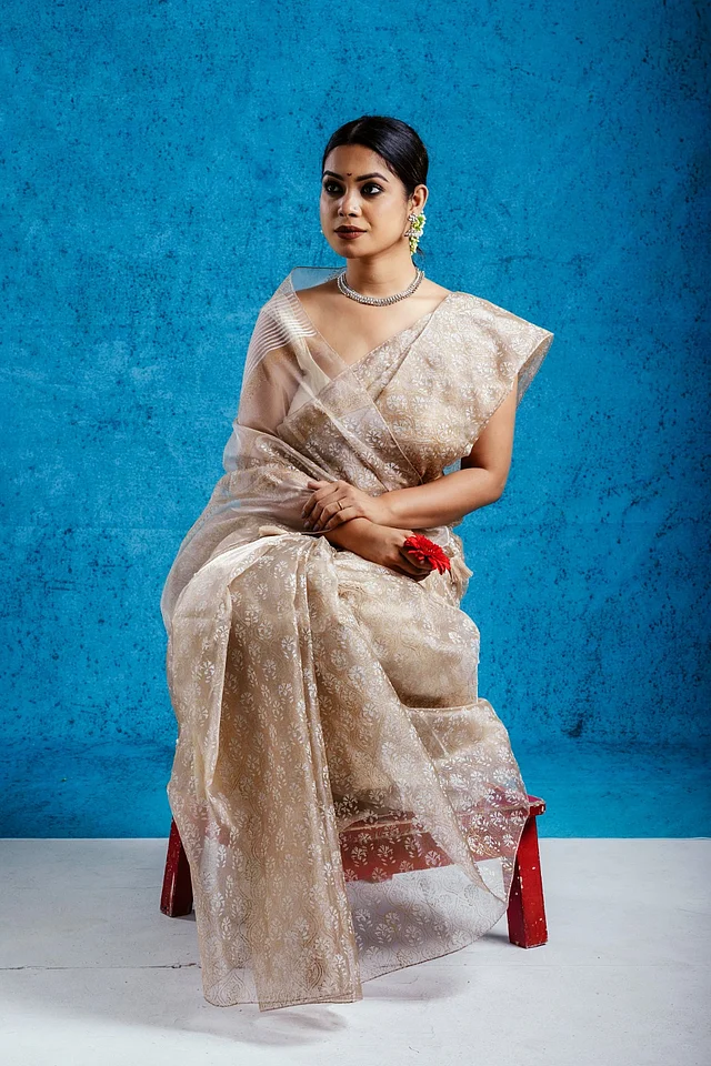 যাঁরা স্টোন ও পার্লের কাজ পছন্দ করেন না, তারা বেছে নিতে পারেন শুধু ব্লক প্রিন্টে নকশা করা শাড়ি। ফেব্রিক সিল্ক অরগাঞ্জা হওয়ায় ফেস্টিভ লুকে ঘাটতি হবে না।