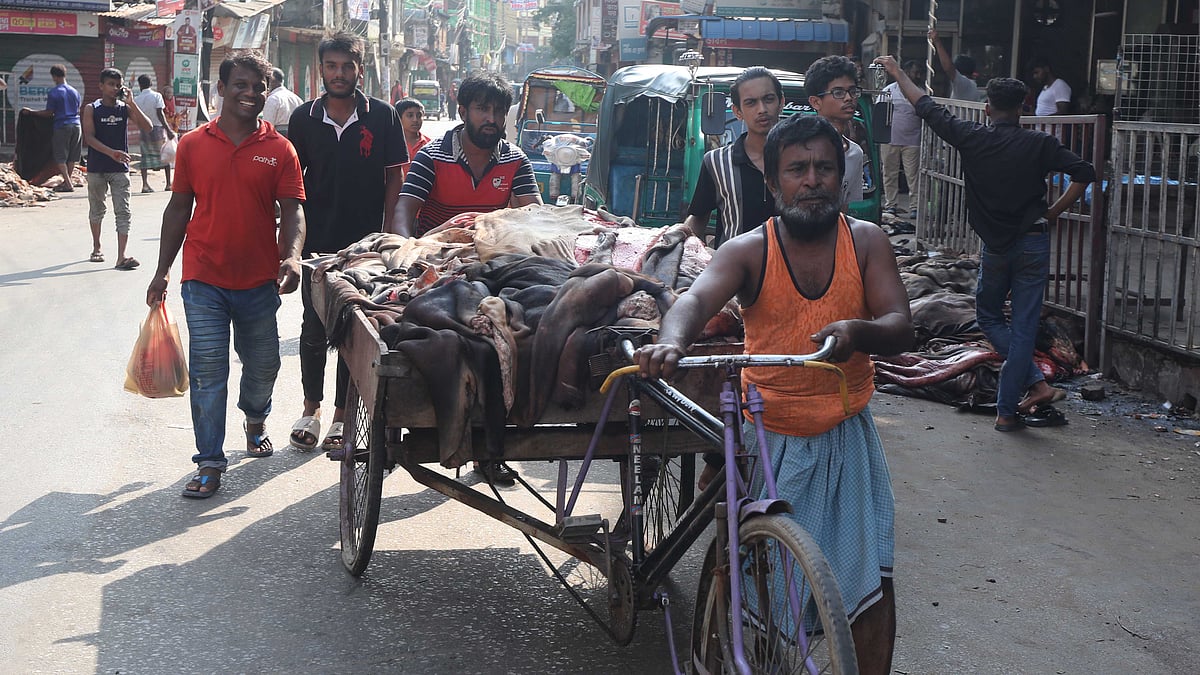 রিকশাভ্যানে বাড়ি বাড়ি থেকে চামড়া সংগ্রহ করে আনা হয়।