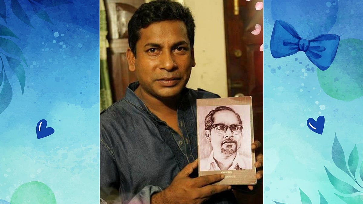 বাবার ছবি হাতে নিয়ে মোশাররফ করিম। ছবি: ফেসবুক থেকে