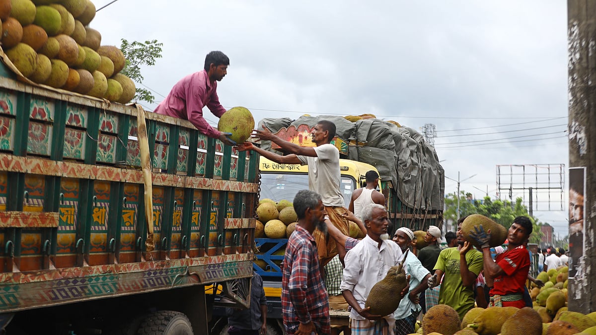কদমতলীর হাটে ট্রাক থেকে নামানো হচ্ছে কাঁঠাল
