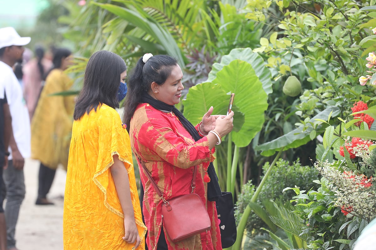  মেলা প্রাঙ্গণে ফুল, ফল ও গাছের ছবি তুলছেন দর্শণার্থীরা