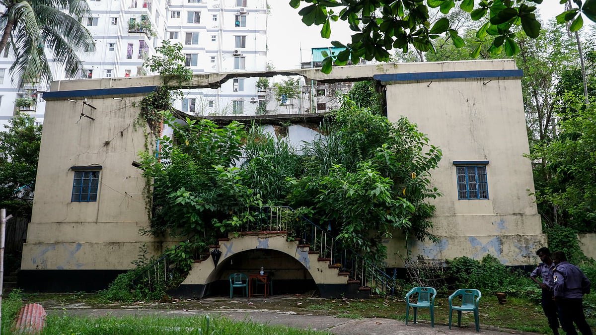 পরিচর্যার অভাবে ভবনটির ভাঙা অংশে জন্মেছে গাছ