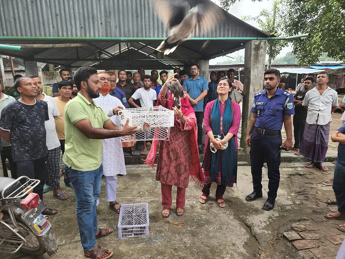রাজশাহীতে দোকানে খাঁচায় বন্দী ২০০ ঘুঘু অবমুক্ত। গতকাল বুধবারছবি: প্রথম আলো