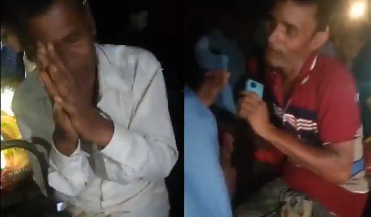 রংপুরের তারাগঞ্জে গণপিটুনির আগে হাত জোড় করে এভাবে বাঁচার আকুতি জানান প্রদীপ লাল (বাঁয়ে)। নিজের পরিচয় বলছিলেন রূপলাল (ডানে)