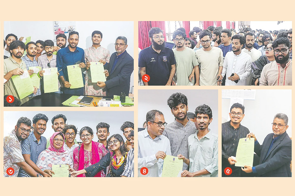 ডাকসু নির্বাচন উপলক্ষে গতকাল মনোনয়ন ফরম সংগ্রহ: ১ প্রধান নির্বাচন কমিশনার অধ্যাপক মোহাম্মদ জসীম উদ্দিনের কাছ থেকে মনোনয়ন ফরম নিচ্ছে ছাত্রদল, ২ ফরম নিতে এসেছে বৈষম্যবিরোধী শিক্ষার্থী সংসদ, ৩ মনোনয়ন ফরম নিচ্ছে স্বতন্ত্র প্যানেল, ৪ মনোনয়ন ফরম সংগ্রহ বাম ছাত্রসংগঠনের, ৫ ছাত্রশিবিরের পক্ষ থেকে ফরম সংগ্রহছবি: প্রথম আলো