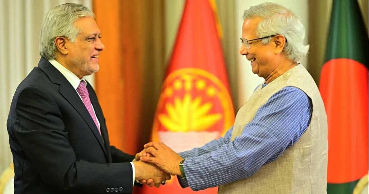 পাকিস্তানসহ সার্কভুক্ত দেশগুলোর সঙ্গে সম্পর্ক সর্বোচ্চ অগ্রাধিকারে: ইসহাক দারকে অধ্যাপক ইউনূস