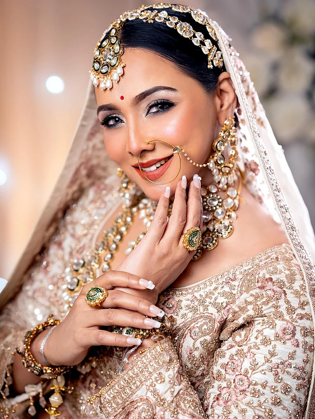 ফুল গ্ল্যাম মেকওভারে মসৃণ ফিনিশ। ঘন কালো কাজল,লাইনার মাসকারায় সাজানো চোখের সঙ্গে নজর কাড়ছে লাল ছোট টিপ ও সেমিম্যাট লিপকালার