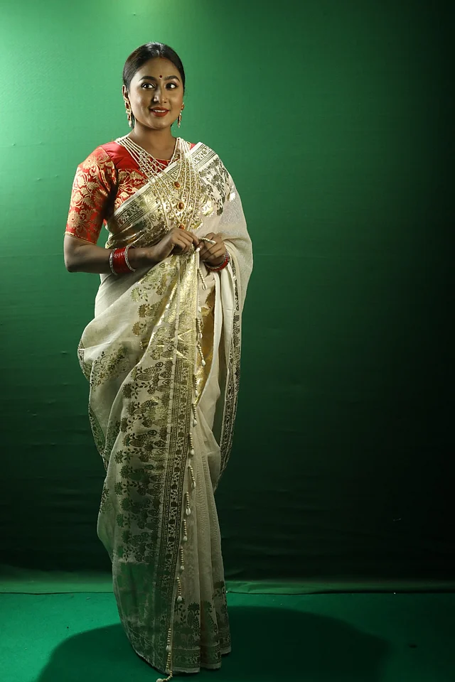 অবয়ব মোটিফের শাড়ি না পছন্দ যাঁদের, তাঁদের জন্য প্রকৃতিপ্রাণিত মোটিফে করা হয়েছে এই শাড়ি। পূজার যেকোনো আয়োজনে পরিধানকারীর আভিজাত্য ফুটিয়ে তুলবে এই শাড়ি।