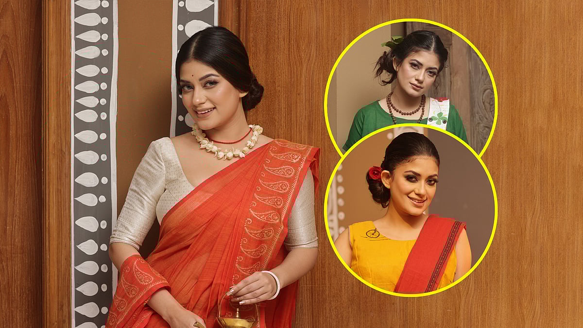 পূজার সাজে অভিনেত্রী মন্দিরা চক্রবর্তী, দেখুন ৮টি ছবি