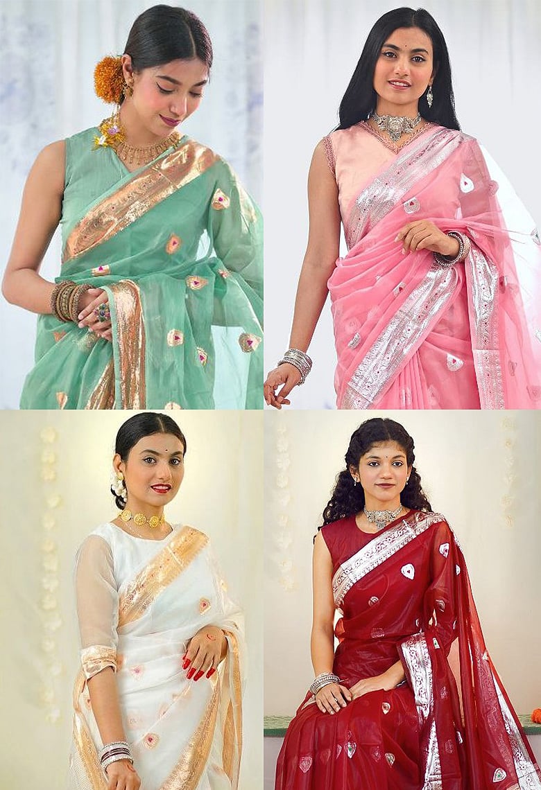 ভারমিলিয়নের চাররঙা চাঁদনী শাড়িতে ভরপুর উৎসবের সাজ