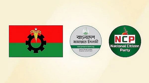 বিএনপি (বাঁ থেকে), জামায়াত, এনসিপি