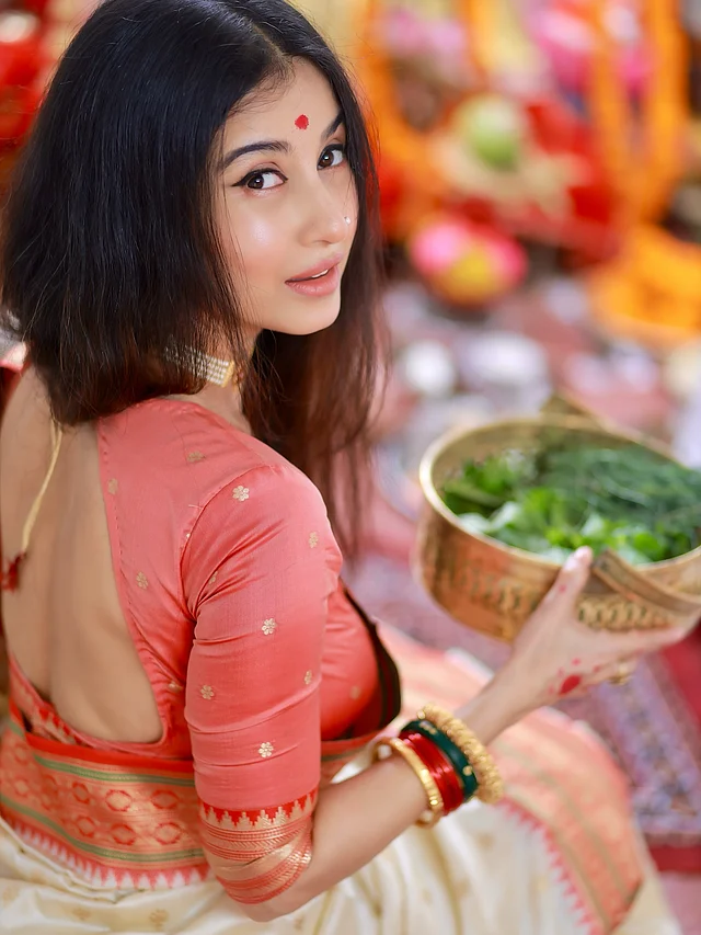 ব্যাকলেস ব্লাউজের সঙ্গে শাড়ির এথনিক লুকে সুন্দরী অভিনেত্রী মনামী ঘোষ। 