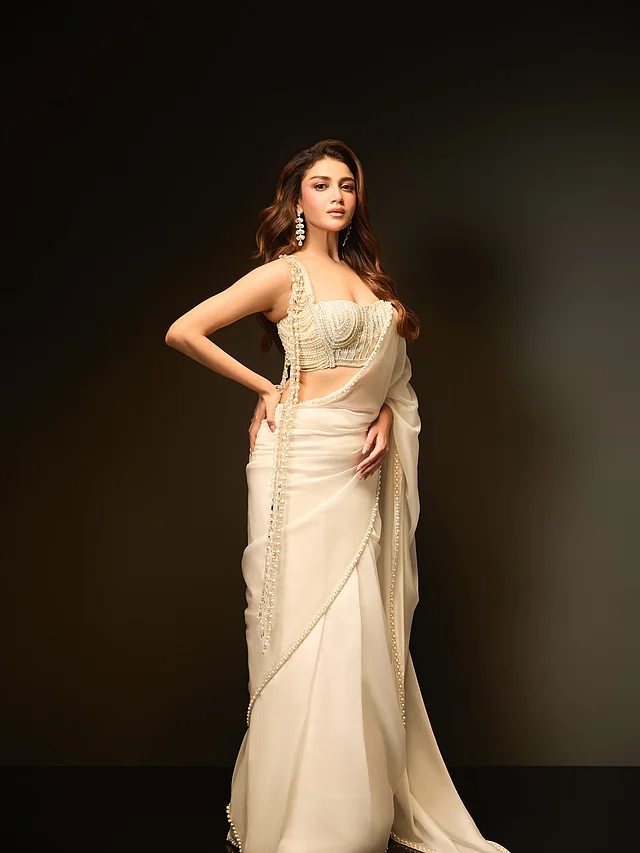 সৌরসেনী মৈত্র চোখ ধাঁধালেন দীপাবলির নতুন লুকে। আলোর এই উৎসবে তিনি বেছে নিয়েছেন মুক্তাসজ্জিত বর্ডারের আইভরি সিল্ক শাড়ি। তবে স্টেটমেন্ট ও স্লিভলেস ব্লাউজটি পুরো লুকের মূল আকর্ষণ। 