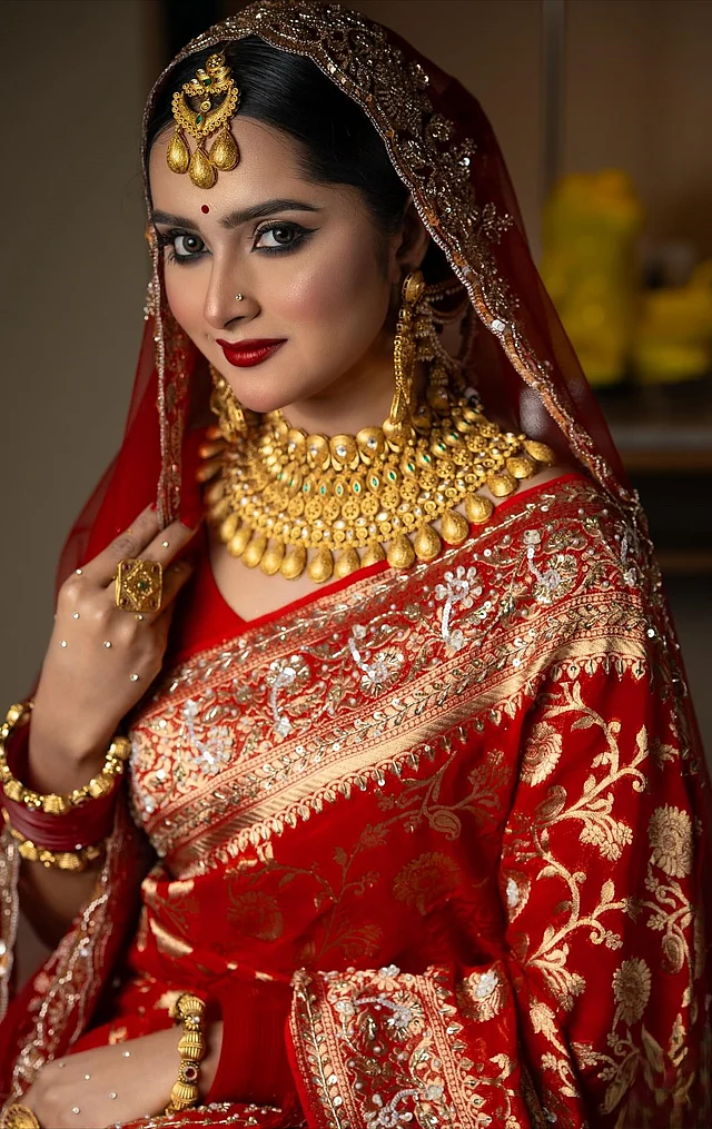 ক্ল্যাসিক লাল বউ লুকে ঝলমলে সোনালি জরীর বুননে লাল বেনারসী পরেছেন কেয়া পায়েল