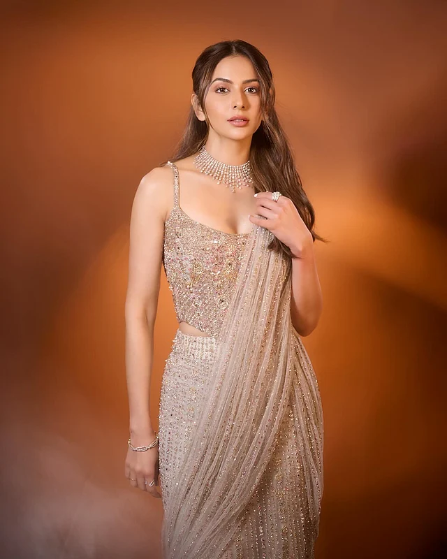 ডিপনেক ব্লাউজের সঙ্গে ন্যুড শেডের সিকুইনের শাড়ি পরেছেন রাকুল প্রীত 