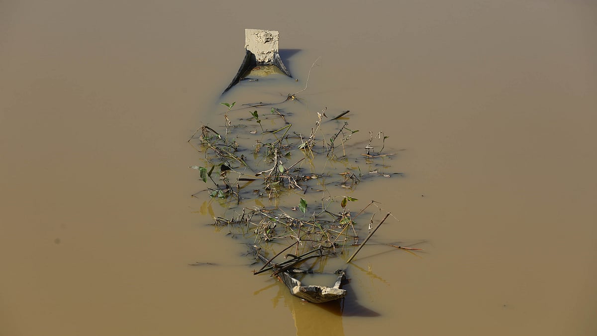 হাওরের পানিতে ডুবিয়ে রাখা হয়েছে নৌকা।