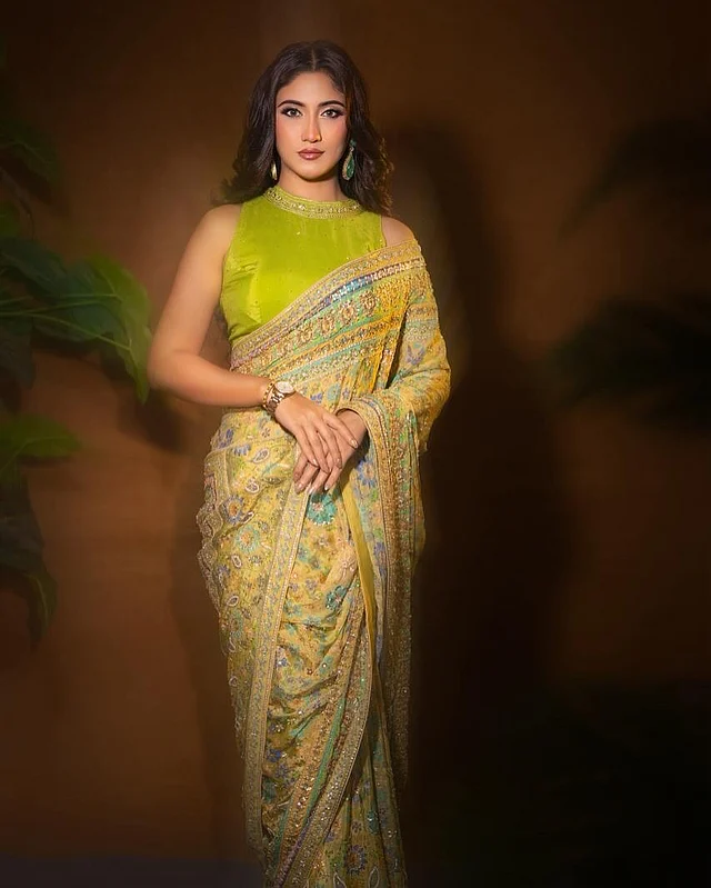 শাড়িজুড়ে সোনালি, ফিরোজা, সবুজ ও কপার টোনের সূক্ষ্ম হ্যান্ড এমব্রয়ডারি, সঙ্গে ঝলমলে সিকুইনের কাজে ফুটে উঠেছে রাজকীয় দীপ্তি।