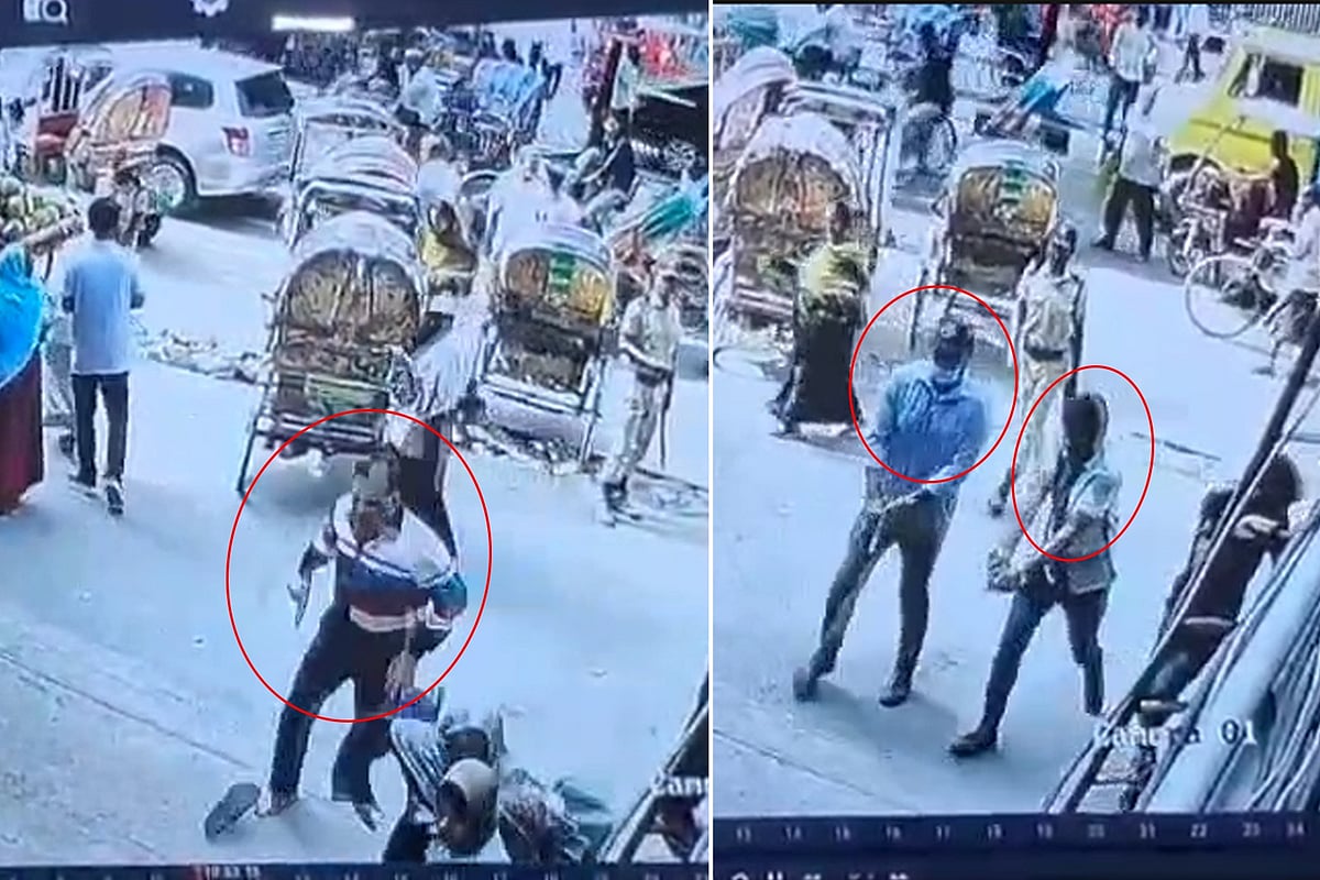 সিসিটিভির ফুটেজে দেখা যায়, তারিক সাইফ মামুন দৌড়ে পালানোর চেষ্টা করছেন (বাঁয়ে)। দুই ব্যক্তি খুব কাছে থেকে তাঁকে গুলি করছেন (ডানে)