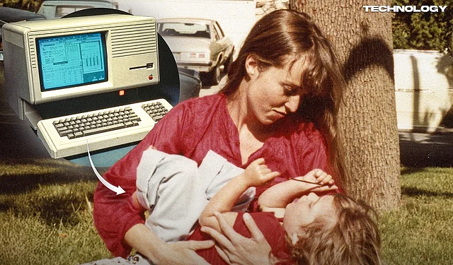 মা ক্রিস্যানের সঙ্গে লিসা, ইনসেটে লিসা নামের অ্যাপল কম্পিউটর