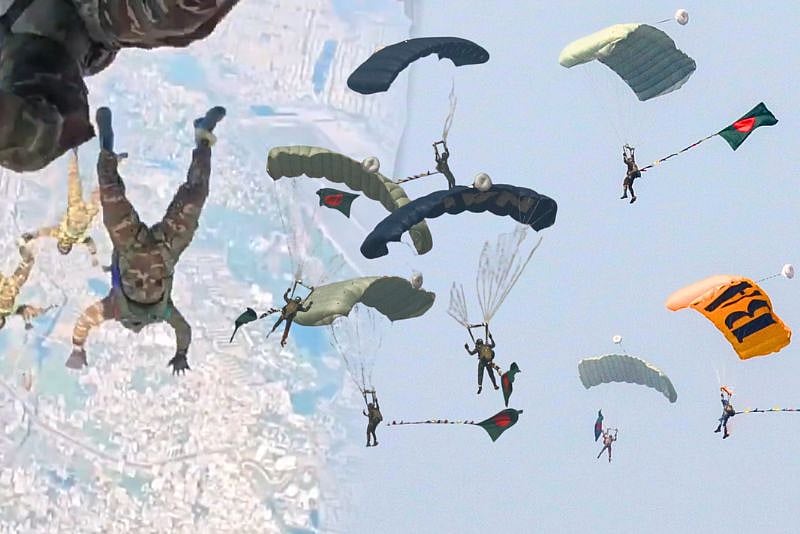 ঢাকার আকাশ থেকে স্কাইডাইভ দিয়ে নেমে এলেন ৫৪ প্যারাট্রুপার