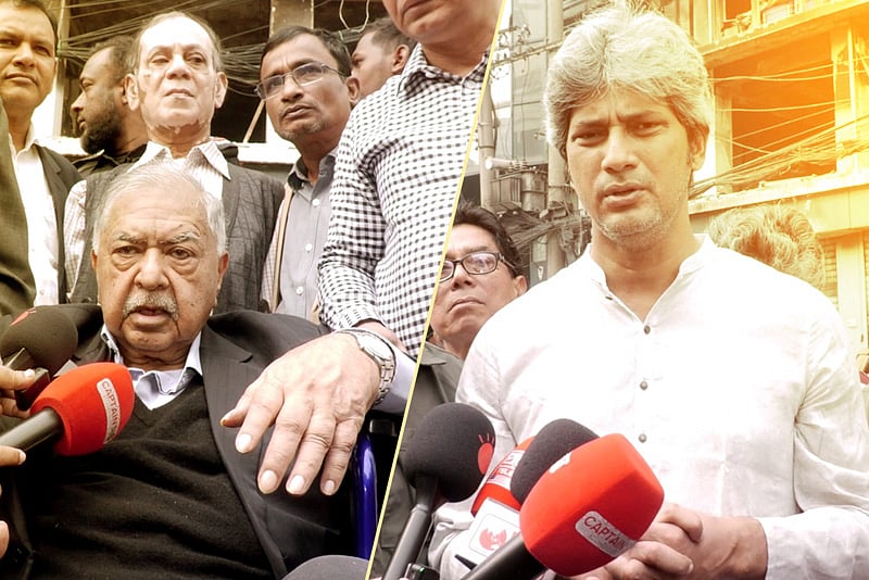 প্রথম আলোর পুড়িয়ে দেওয়া ভবন পরিদর্শনে ড. কামাল হোসেন ও জোনায়েদ সাকি