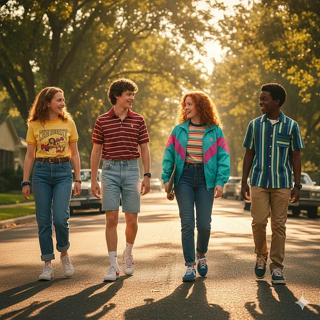 ট্র্যাক জ্যাকেট, রিঙ্গার টি-শার্ট, স্ট্রাইপড পোলো আর ক্লাসিক স্নিকার্স (নাইকি, পুমা) সবই আশির দশকের  কিশোর জীবনের প্রতিচ্ছবি