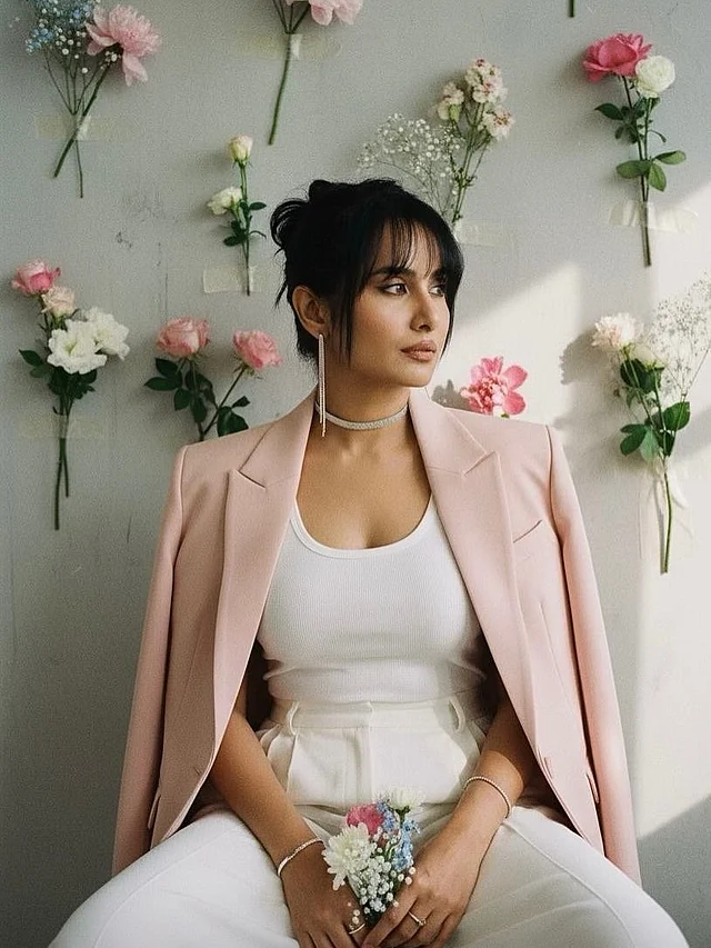 সাদা ট্যাঙ্ক টপ আর হাই ওয়েস্টেড ম্যাচিং ট্রাইজার্সের সঙ্গে ফারিনের লুকে দেখা যাচ্ছে বেবি পিংক ব্লেজার