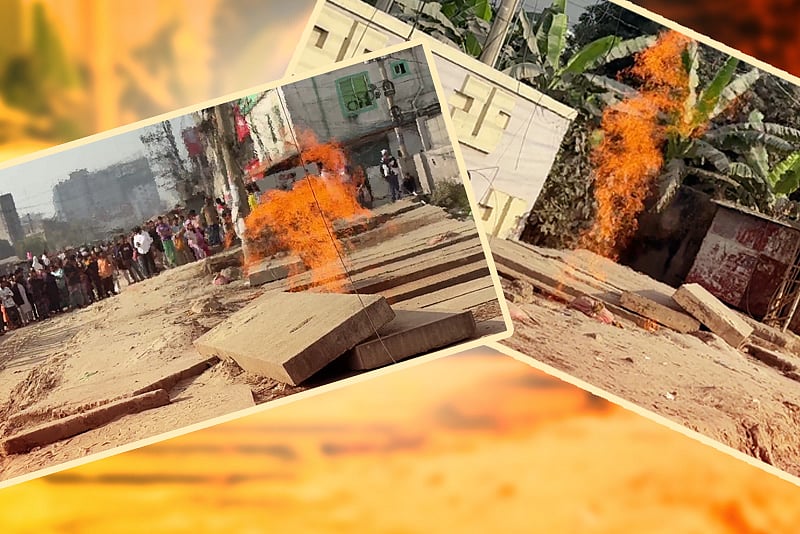 তিতাসের ভূগর্ভস্থ লাইন ফেটে বের হওয়া গ্যাসে আগুন