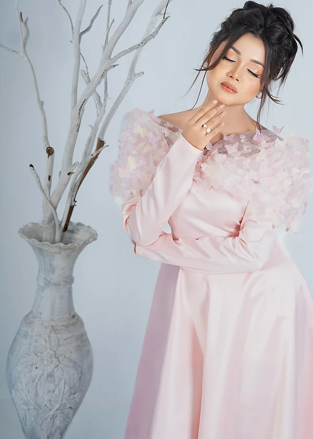 পাউডার পিংক গাউনে মোহনীয় লুকে আরোহী