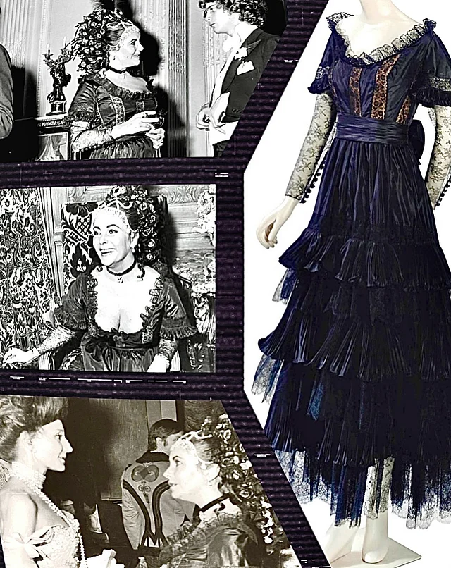 এই ভিনটেজ নেভিলু সিল্ক ও কালো নেটের টিয়ারড ড্রেসটি এলিজাবেথ এক হলিউড পার্টিতে পরে সাড়া জাগিয়েছিলেন 