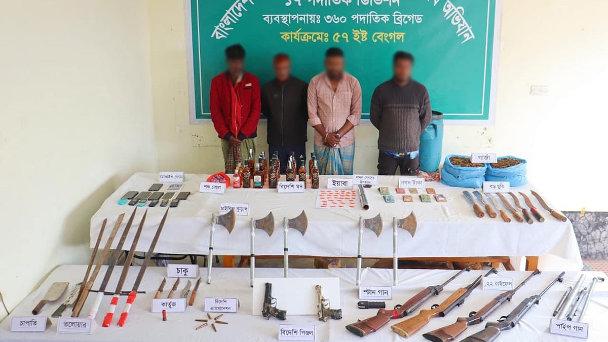 সুনামগঞ্জে সেনাবাহিনীর অভিযান: দেশি-বিদেশি অস্ত্র গোলাবারুদ উদ্ধার, আটক ৪
