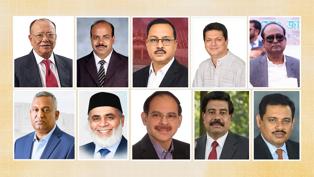 নির্বাচনে সবচেয়ে ধনী প্রার্থীরা (ওপরে বাঁ থেকে)–  আবদুল আউয়াল মিন্টু, আসলাম চৌধুরী, ফখর উদ্দিন আহমেদ, জাকারিয়া তাহের ও এম এ এইচ সেলিম; (নিচে বাঁ থেকে)– সালাউদ্দিন আলমগীর, মো. জালাল উদ্দীন, গোলাম মোহাম্মদ সিরাজ, মোহাম্মদ ফজলুল আজিম ও মো. সফিকুর রহমান। 