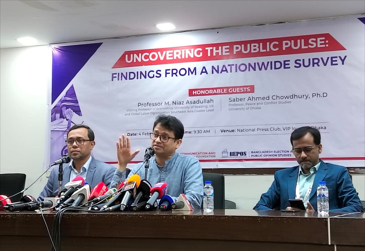 ‘আনকভারিং দ্য পাবলিক পালস: ফাইন্ডিংস ফ্রম আ নেশনওয়াইড সার্ভে’ শীর্ষক মতামত জরিপের ফল আজ বুধবার রাজধানীর জাতীয় প্রেসক্লাবে আয়োজিত সংবাদ সম্মেলনে প্রকাশ করা হয়