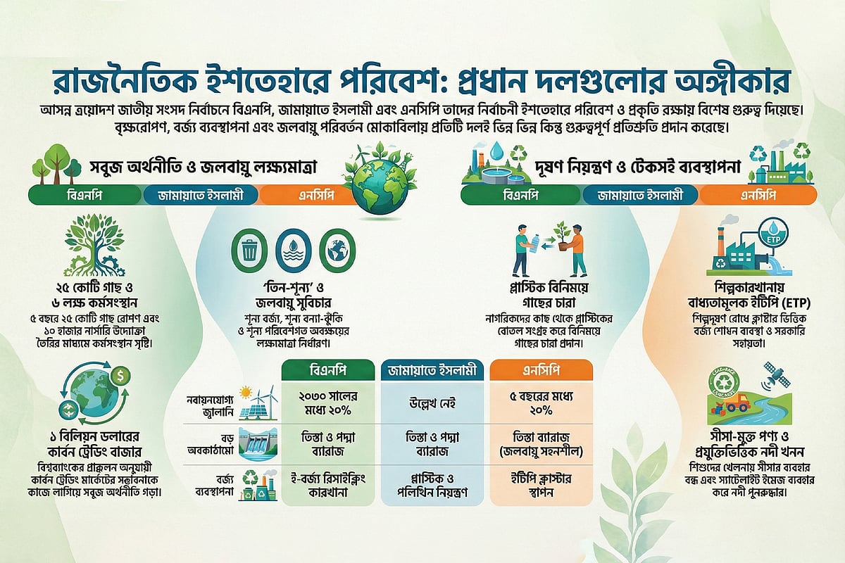 ২৫ কোটি গাছ রোপণ, প্লাস্টিকের বোতলের বিনিময়ে গাছের চারা, সিসার ব্যবহার কমানোসহ আর যা আছে